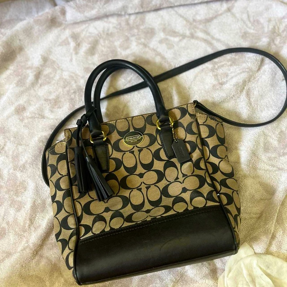 Coach Black and Tan Signature Shoulder Bag